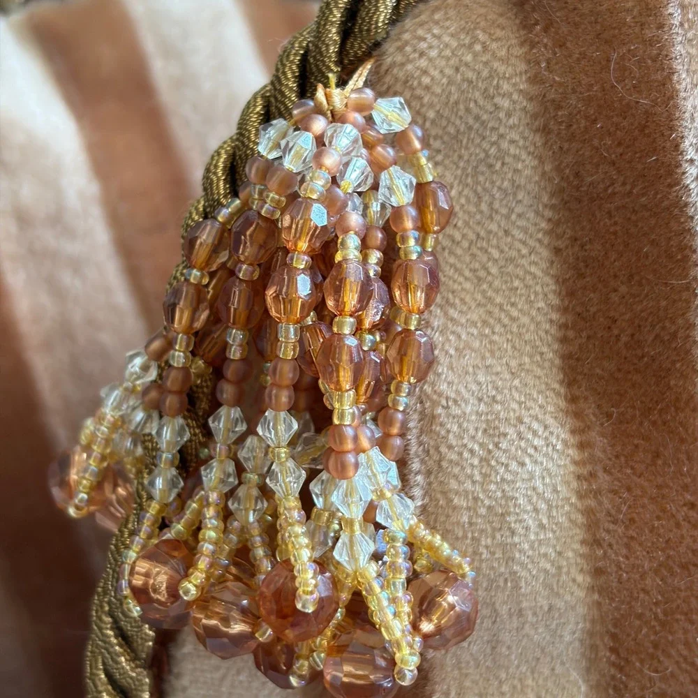 Vintage Brown Copper Gold Velvet Pillows Beaded Tassel Fringe Stripes 10